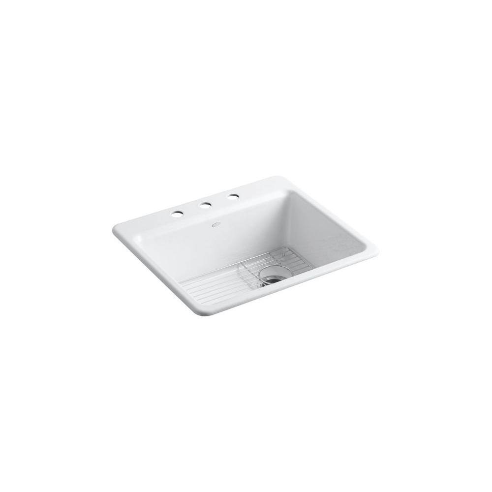 KOHLER Riverby Drop-In Cast Iron 25 in. 1-Hole Single Bowl Kitchen Sink in  White with Basin Rack K-5872-1A1-0 - The Home Depot