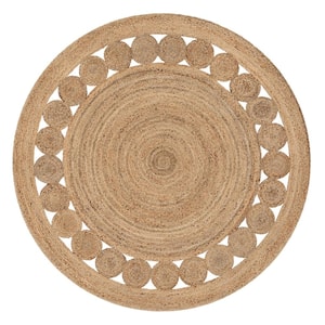 Eva Oleana Geometric Pattern Natural 4 ft. x 4 ft. Round Hand-Woven Jute Area Rug