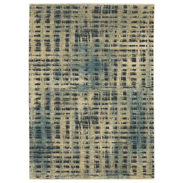 7' X 10' Beige And Blue Geometric Area Rug
