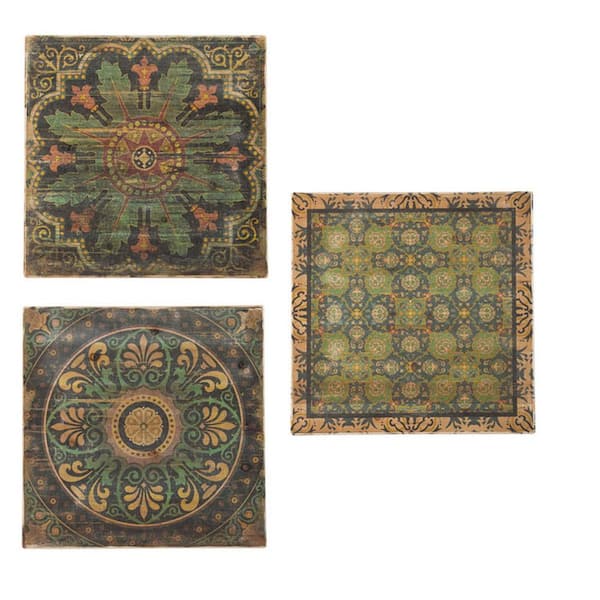 Benjara Brown, Green and Orange Decorative Wooden Wall Art (Set of 3)