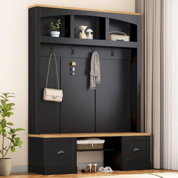 Polibi Farmhouse 4-in-1 Hall Tree with Wood Grain Bench and Top, Black Hooks and Shell Handles, Adjustable Shelves, Black
