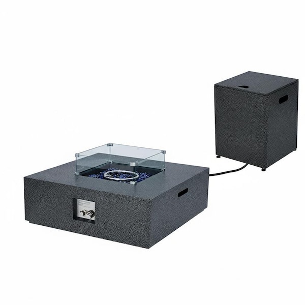 36 in. Outdoor Square Propane Fire Pit Table and Hideaway Tank Holder Combo with Glass Wind Guard and Rain Cover