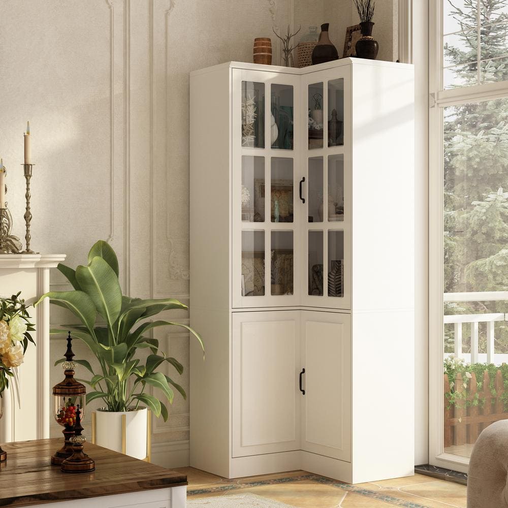 FUFU&GAGA 78.9 in. H White Wooden Corner Accent Storage Cabinet
