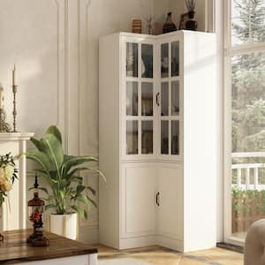 78.9 in. H White Wooden Corner Accent Storage Cabinet with Adjustable Shelves, Tempered Glass Doors