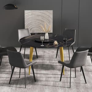 62.99 in. Rectangle Black Sintered Stone Tabletop Dining Table with Gold Carbon Steel Base (Seats 6)