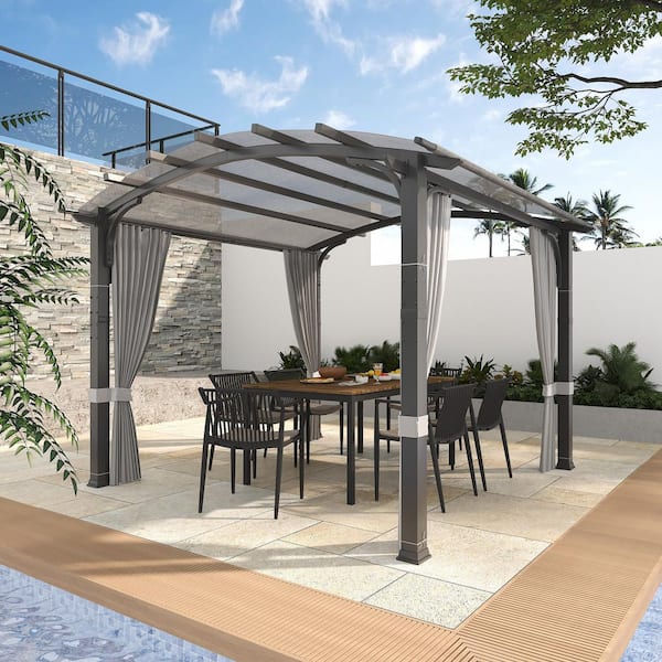 10 ft. x 10 ft. Galvanized Steel Patio Arched Pergola with Gray Shade Canopy and Curtain