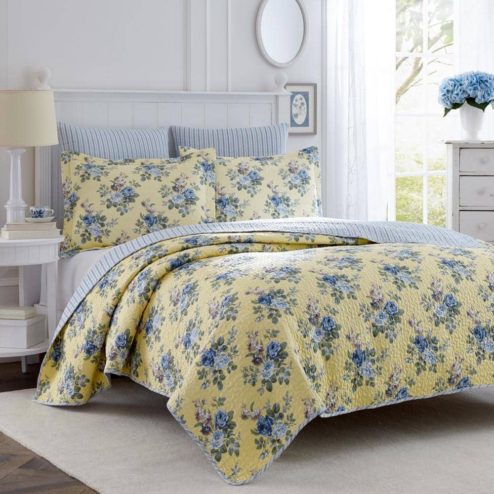 Laura Ashley Linley 2-Piece Yellow Floral Cotton Twin Quilt Set