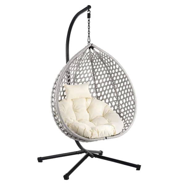 Free Standing Hanging Egg Chair with Stand, Indoor Outdoor Swing Chair with Cushion in Gray Beige