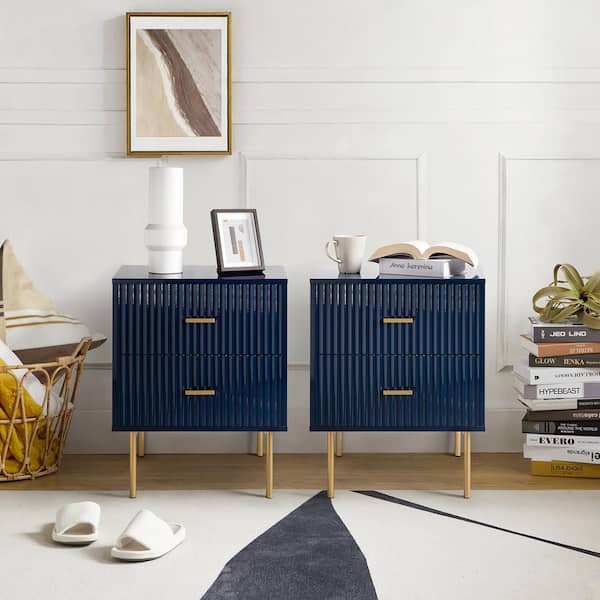 JAYDEN CREATION Hugh Navy Contemporary Classic 2-Drawer Nightstand with Metal Legs and Charging Station Set of 2