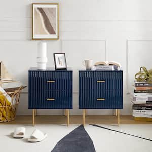 Hugh Navy Contemporary Classic 2-Drawer Nightstand with Metal Legs and Charging Station Set of 2