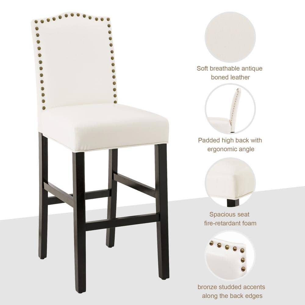 Set of 2 Cream White Leatherette Studded Barstools with Wood Legs