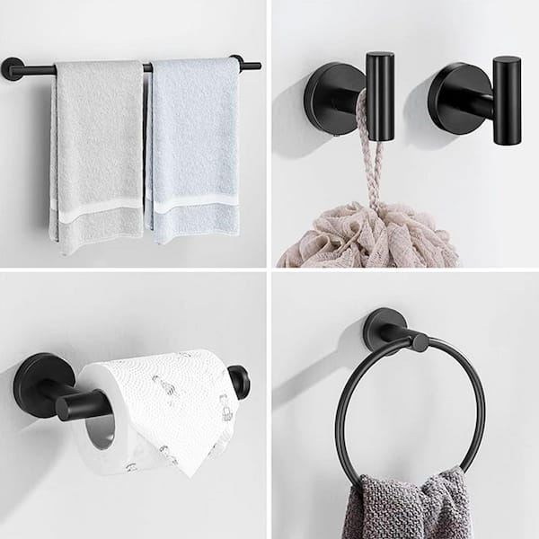 ruiling - Porter 6- Piece Bath Hardware Set with Towel Ring Toilet Paper Holder Towel Hook and Towel Bar in Stainless Steel Black