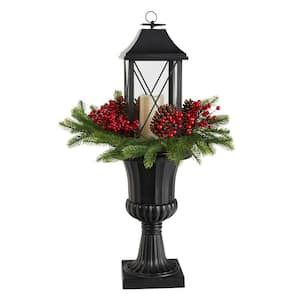 33 in. Unlit Holiday Greenery, Berries and Pinecones in Decorative Urn with Large Lantern, LED Candle, Christmas Decor