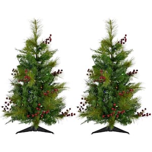 Set of Two 2 ft. Red Berry Mixed Pine Artificial Christmas Tree with Multi-Color LED Lights