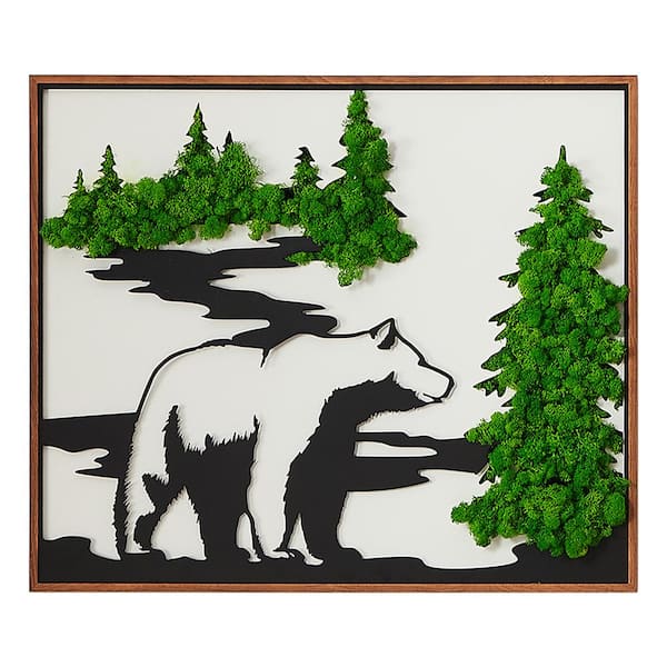 Unbranded 28 in. W x 24 in. H Bear Metal Art Moss Wall Decor, Natural Design with Lush Green Preserved Moss, Nature and Art