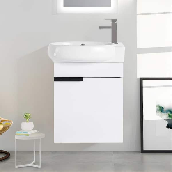 UPIKER Modern 16.8 in. W x 11.6 in. D x 21.3 in. H Single Sink Wall Mount Bath Vanity in White with White Ceramic Top