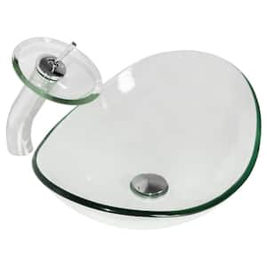 Tempered Clear Glass Oval Vessel Sink with Round Waterfall Faucet and Pop-up Drain