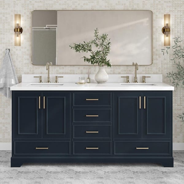 ARIEL Stafford 73 in. W x 22 in. D x 36 in. H Double Sink Freestanding Bath Vanity in Midnight Blue with Pure White Quartz Top