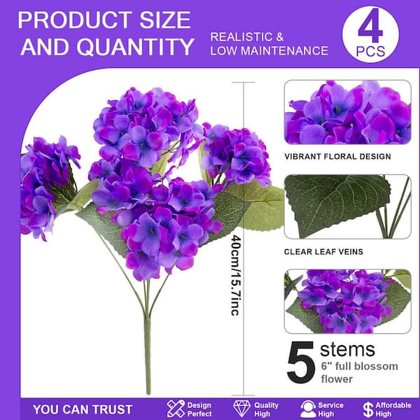 4-Pieces 15.7 in. Purple Indoor/Outdoor Artificial Hydrangea