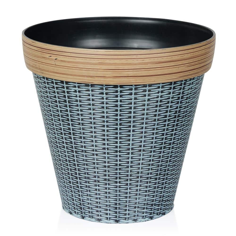 12 in. Indoor/Outdoor Plastic Woven Style Polypropylene Planter, Gray/Tan