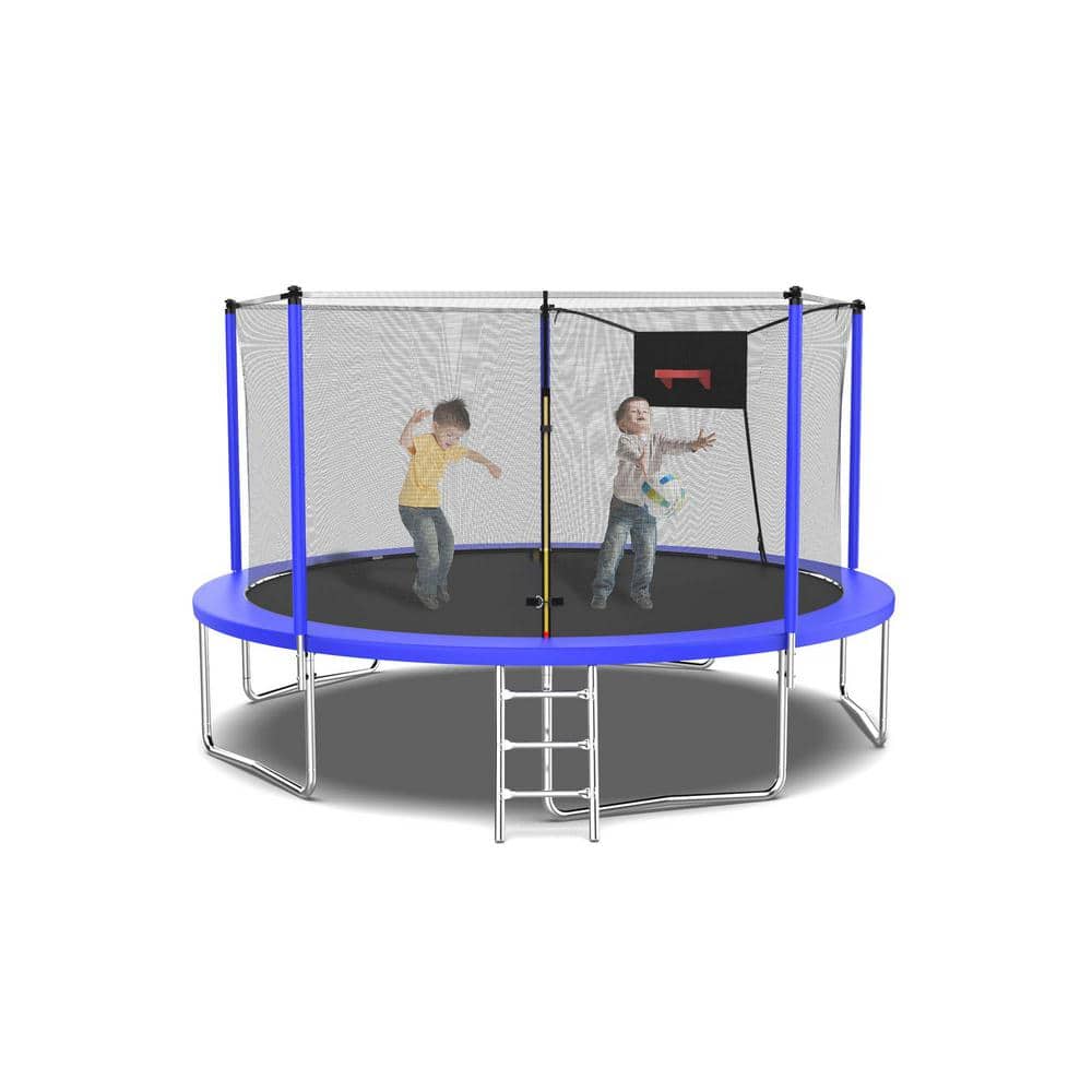 14 ft Blue Round Outdoor Trampoline with Enclosure Net and Ladder