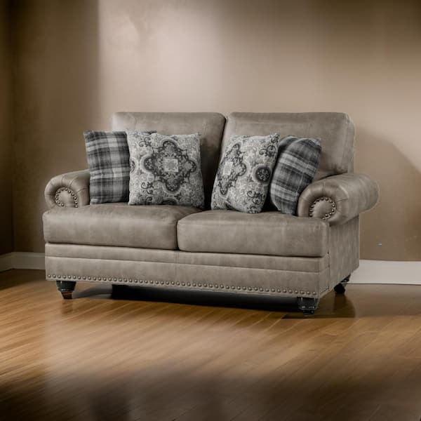 Benjara 72 in. Taupe Brown and Espresso Brown Microfiber 2-Seater Loveseat with 4-Pillows