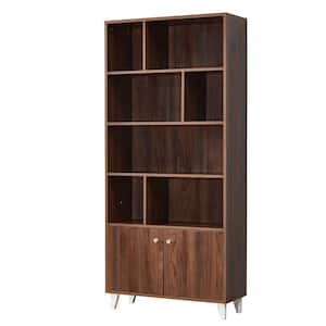 Modern 68 in. H Walnut MDF 4-Tier Shelf Standard Bookcase with 2-Doors and Metal Legs