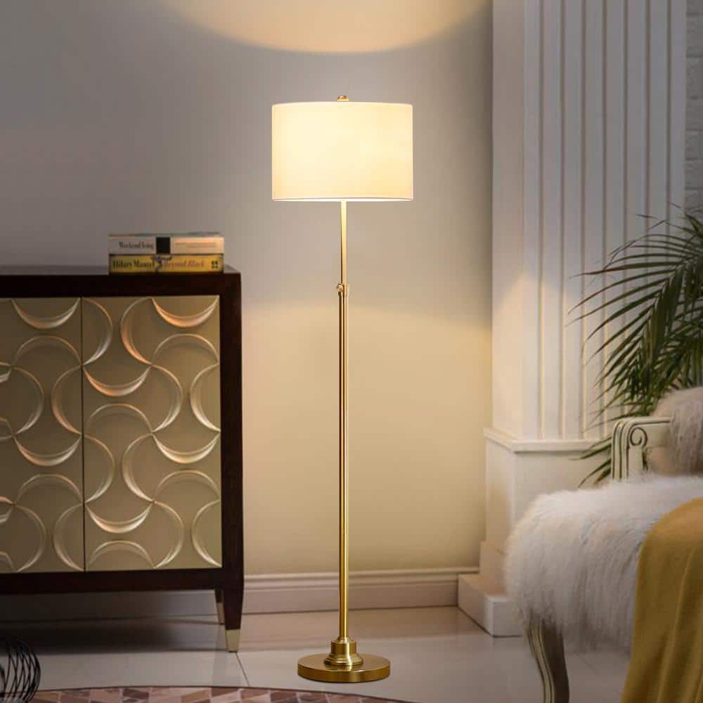 Antique Brass Adjustable Floor Lamp with White Linen Shade
