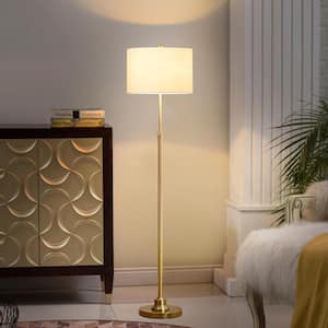 63.5 in. Antique Brass Adjustable Standard Floor Lamp with White Linen Shade