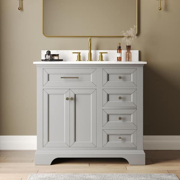 36 in. Single Sink Freestanding Light Gray Wood Bath Vanity with White Engineered Marble Top (Assembled)