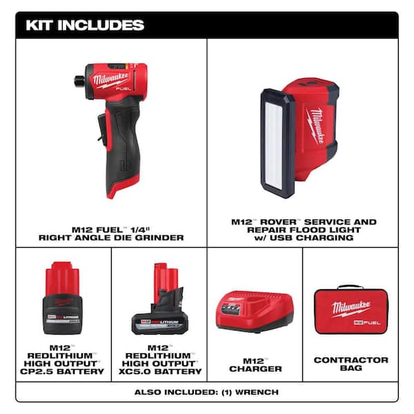 M12 FUEL 12V LithiumIon Brushless Cordless 1/4 in. Right Angle Die Grinder with M12 ROVER Service and Repair Flood Light