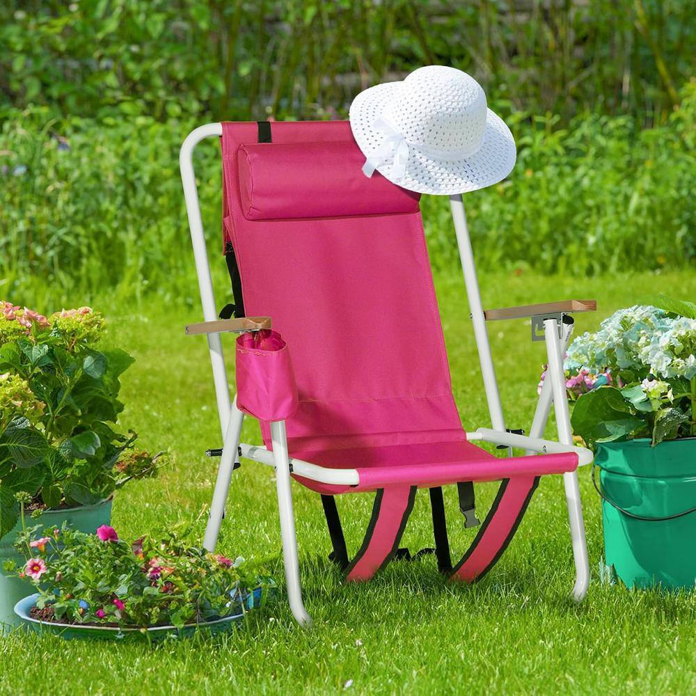 Pink Stainless Steel 4-Position Folding Beach Armchair Set