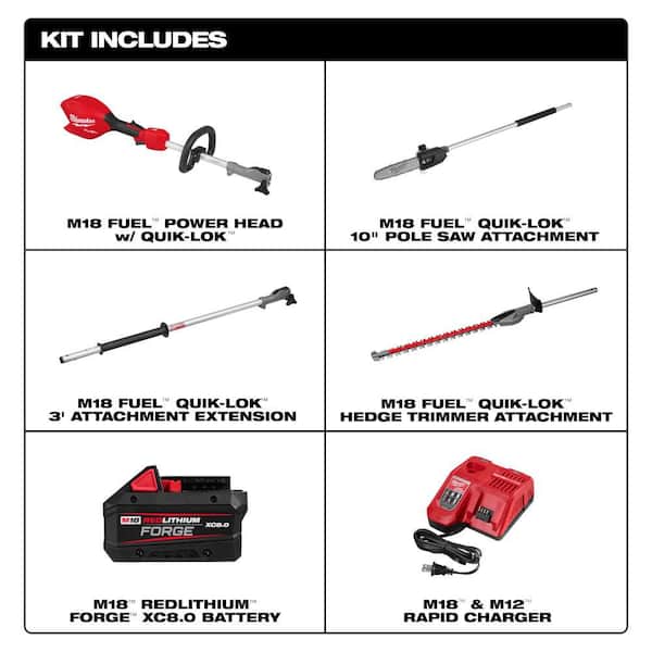 M18 FUEL 18V 10 in. Brushless Cordless Battery Powered QUIK-LOK Pole Saw 8.0 Ah FORGE Kit w/ Hedge Trimmer Attachment