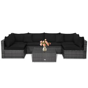 7-Piece Wicker Patio Conversation Set Rattan Furniture Set with Black Sectional Sofa Cushioned