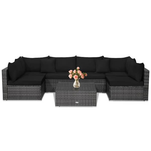 Clihome 7-Piece Wicker Patio Conversation Set Rattan Furniture Set with Black Sectional Sofa Cushioned