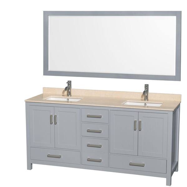Wyndham Collection Sheffield 72 in. W x 22 in. D Vanity in Gray with Marble Vanity Top in Ivory with White Basins and 70 in. Mirror