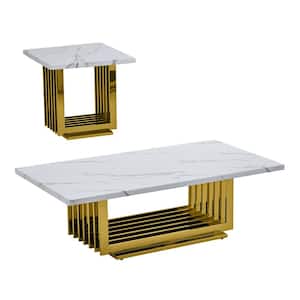Magda 55 in. White Rectangle Marble Top Coffee Table Set With Gold Stainless Steel Base 2 Pieces