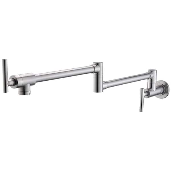 2 Handle Wall Mounted Pot Filler with Double Joint Swing Arms Single Hole Folding Kitchen Sink Taps in Brushed Nickel