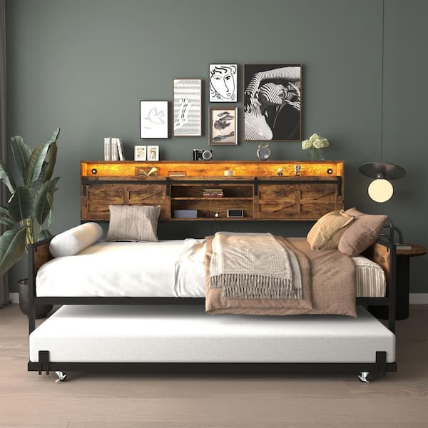 Rustic Brown Metal Twin Size Daybed Frame with Sliding Barn Door Headboard and Charging Station and LED Lights