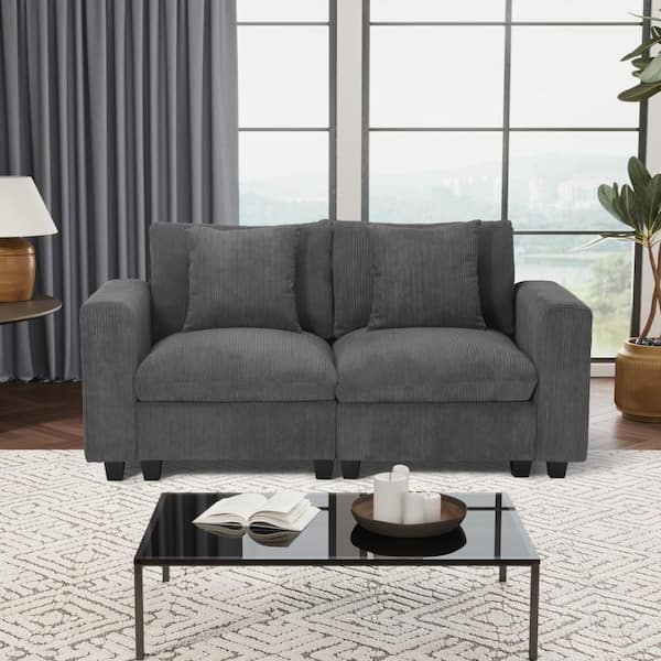 Hamilton Corduroy Upholstered Square Arm Modular Loveseat with USB Charger Port, Charcoal Gray