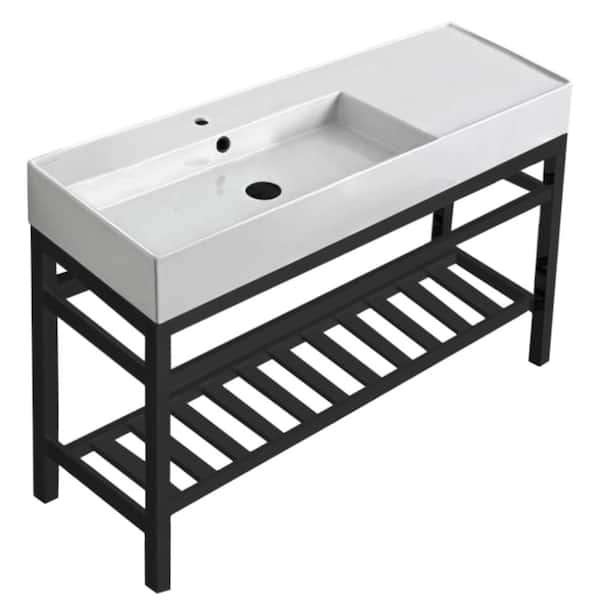 Nameeks Teorema 2-Ceramic White Console Sink and Leg Combo in Matte Black