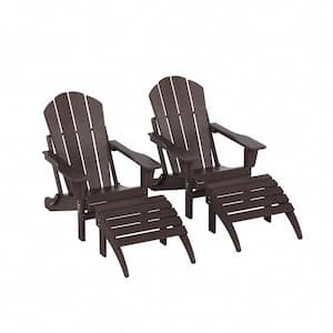 Laguna Outdoor Patio 4 Piece Set Traditional HDPE Plastic Folding Adirondack Chairs with Footrest Ottomans in Dark Brown