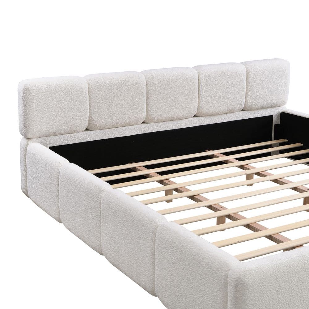 Cassius White Boucle Upholstered Wood Frame Queen Size Platform Bed with Headboard - thumbnail 8