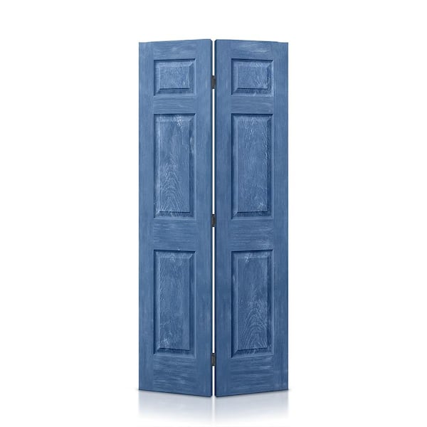 CALHOME 24 in. x 80 in. Vintage Blue Stain 6 Panel MDF Composite Bi-Fold Closet Door with Hardware Kit