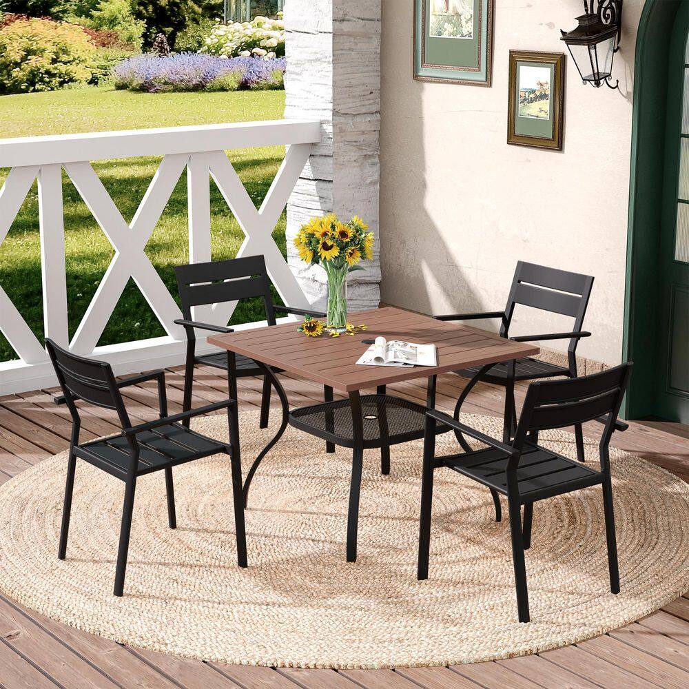 5-Piece Metal Outdoor Patio Dining Set with 37.8 in. Walnut Square Slatted Table and 4 Black Stackable Dining Chairs price history on PriceWatchPro