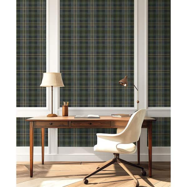 30.75 sq. ft. Deep Sea Thornbury Tailored Plaid Vinyl Peel and Stick Wallpaper Roll