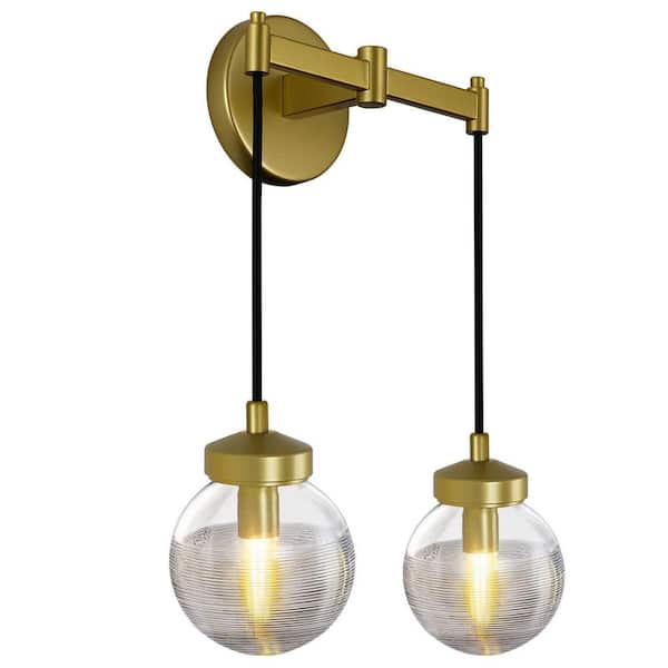 PUYRNF 9 in. Brass Glass 2 Lights Wall Sconce, Modern Globe Bathroom Wall Light, for Dining Room, Stairwell, Hallway (1-Pieces)