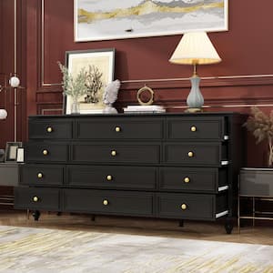 Black Wooden 12-Drawer Chest of Drawers 63 in. W x 31.5 in. H x 15.7 in. D Dresser, Modern European Style