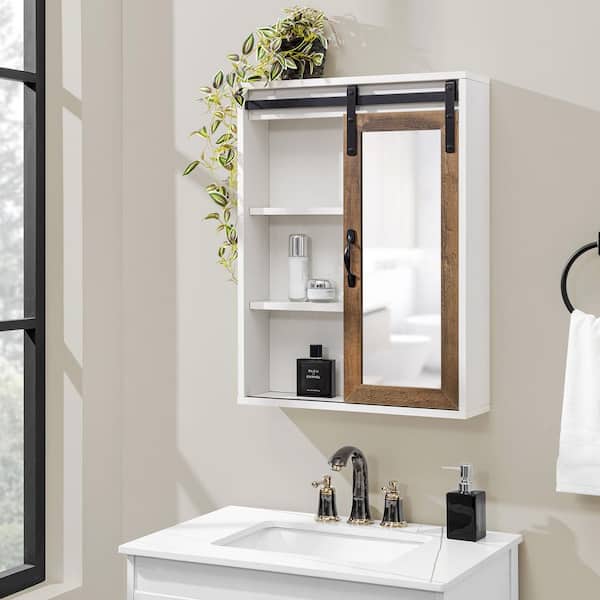 Welwick Designs Brushed White/Rustic Oak Wood Farmhouse Wall Storage Cabinet with Sliding Mirror Door