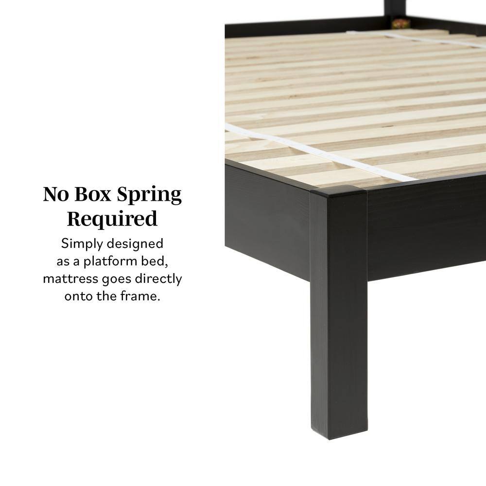 Detail of the black platform bed's slatted base with text stating no box spring is required.